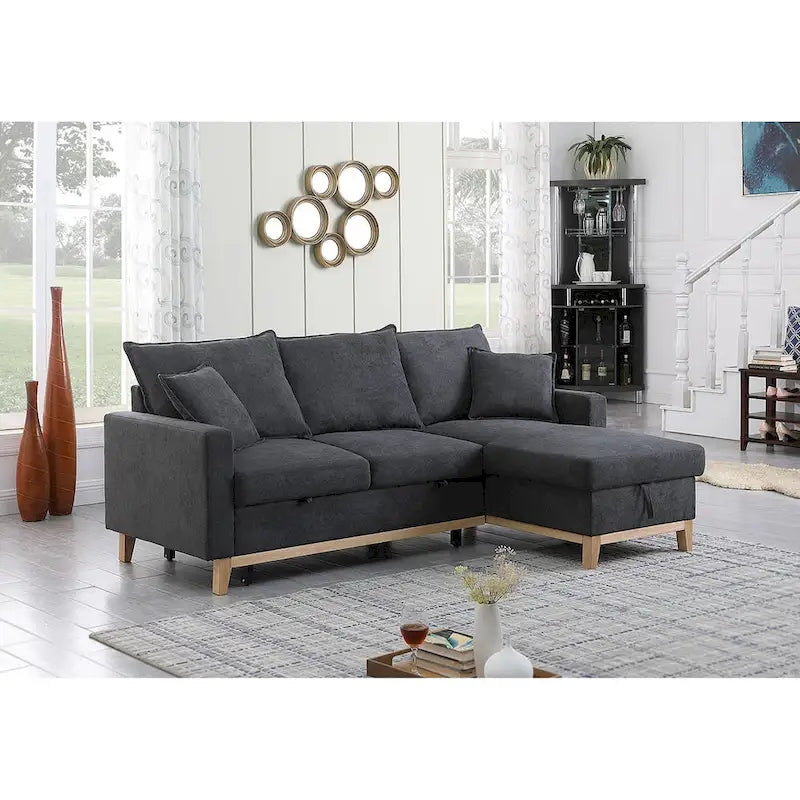 Canapé d'angle réversible convertible gris foncé en tissu tressé avec méridienne de rangement
