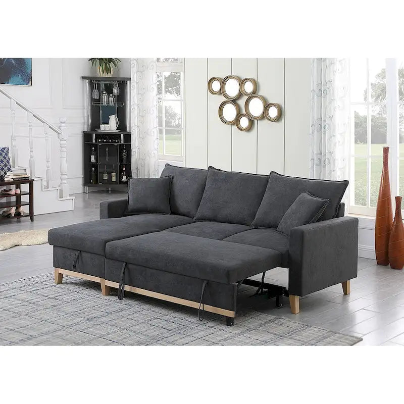 Canapé d'angle réversible convertible gris foncé en tissu tressé avec méridienne de rangement