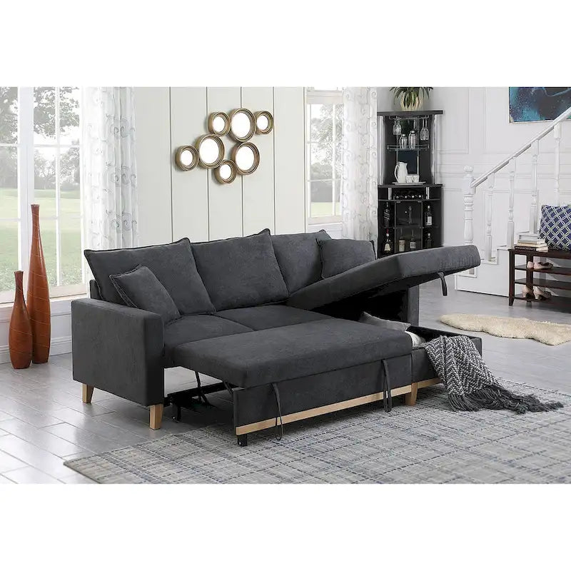 Canapé d'angle réversible convertible gris foncé en tissu tressé avec méridienne de rangement
