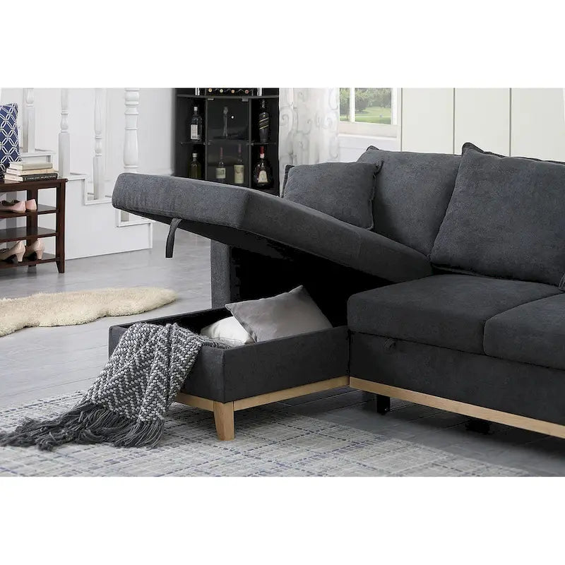 Canapé d'angle réversible convertible gris foncé en tissu tressé avec méridienne de rangement