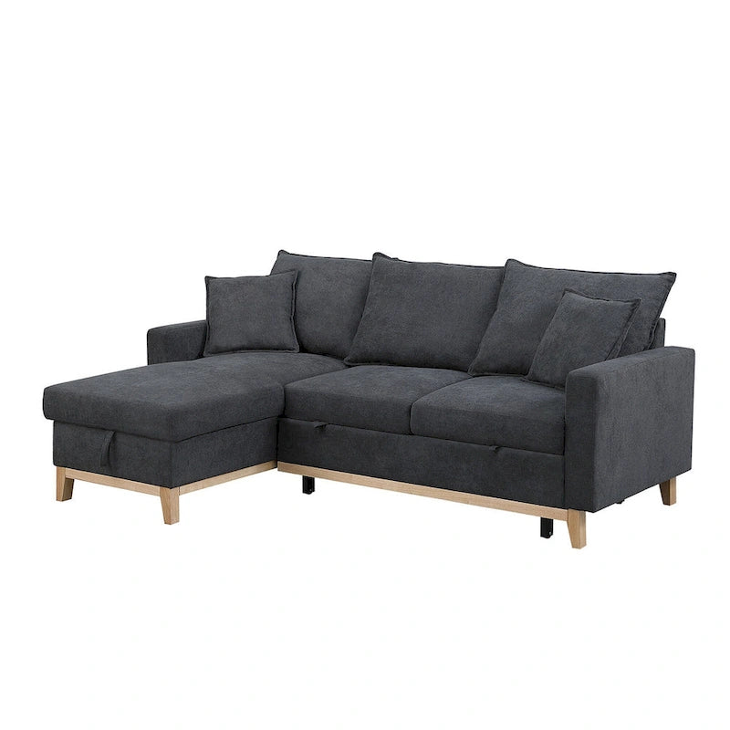 Canapé d'angle réversible convertible gris foncé en tissu tressé avec méridienne de rangement
