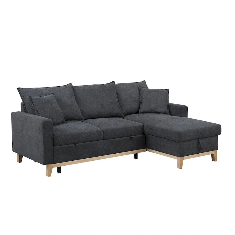 Canapé d'angle réversible convertible gris foncé en tissu tressé avec méridienne de rangement
