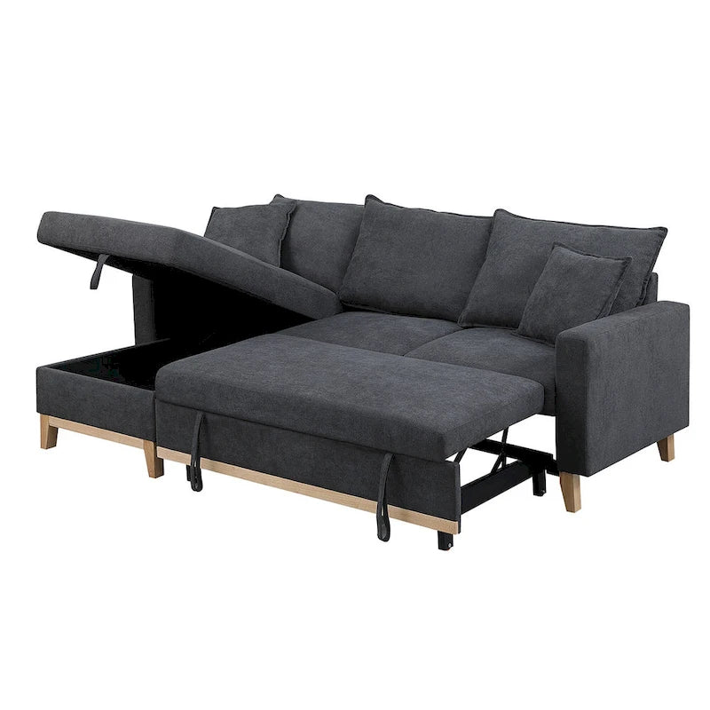 Canapé d'angle réversible convertible gris foncé en tissu tressé avec méridienne de rangement