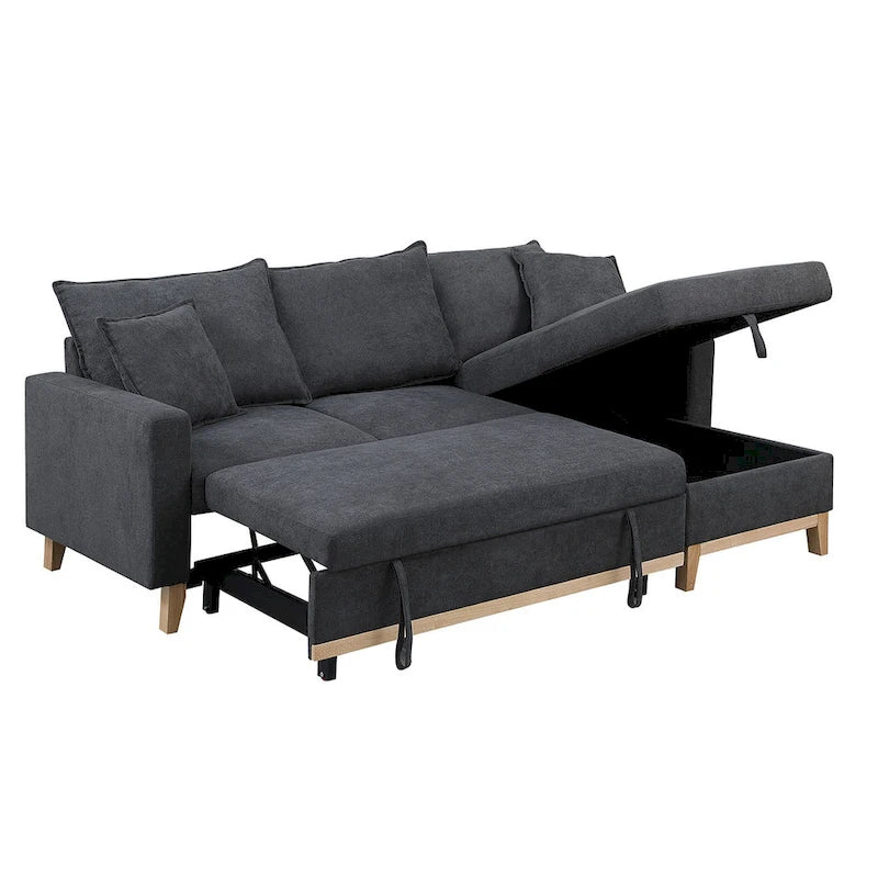Canapé d'angle réversible convertible gris foncé en tissu tressé avec méridienne de rangement