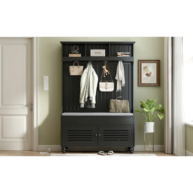 Banc d'entrée 5 en 1 avec portes persiennes, porte-manteau, coussin et 4 crochets robustes, meuble d'entrée de 120 cm de large avec banc de rangement
