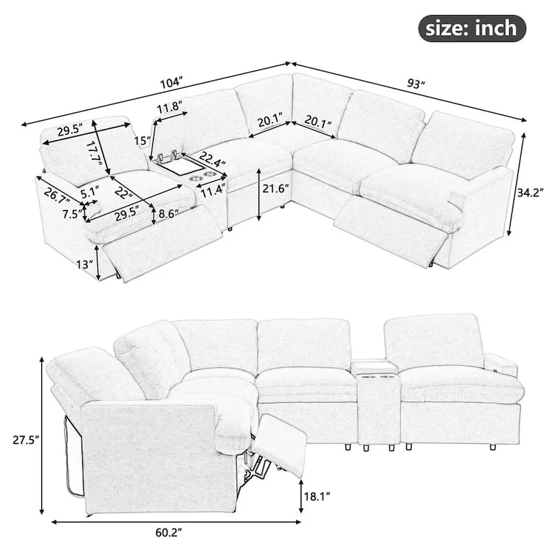 Canapé d'angle inclinable motorisé, canapé inclinable pour cinéma maison