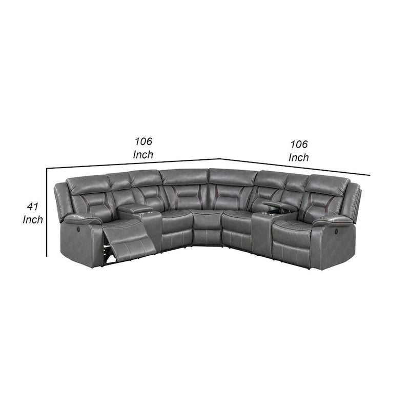 Canapé d'angle inclinable électrique Lof, port USB, similicuir gel gris