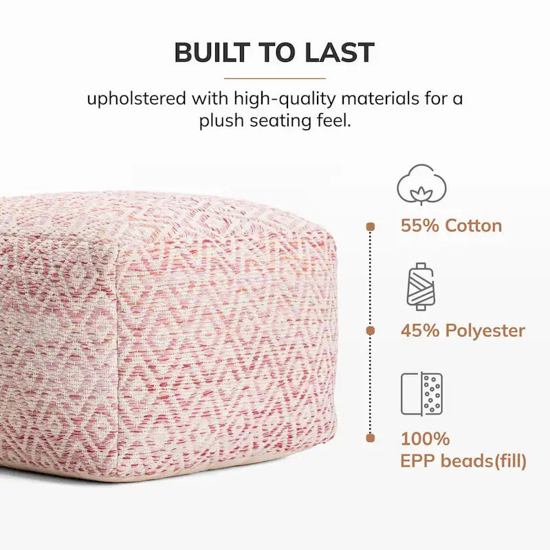 Pouf ottoman carré marron Jani Rhombus 22 pouces - Repose-pieds fait main pour salon, chambre, chambre d'enfant, chambre de bébé