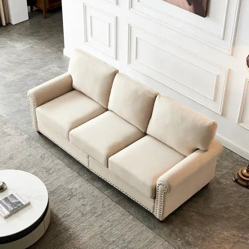 Canapé 3 places en tissu de lin avec rangement, structure en bois massif, accoudoirs arrondis et housse de coussin amovible