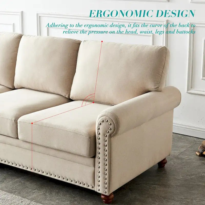 Canapé 3 places en tissu de lin avec rangement, structure en bois massif, accoudoirs arrondis et housse de coussin amovible