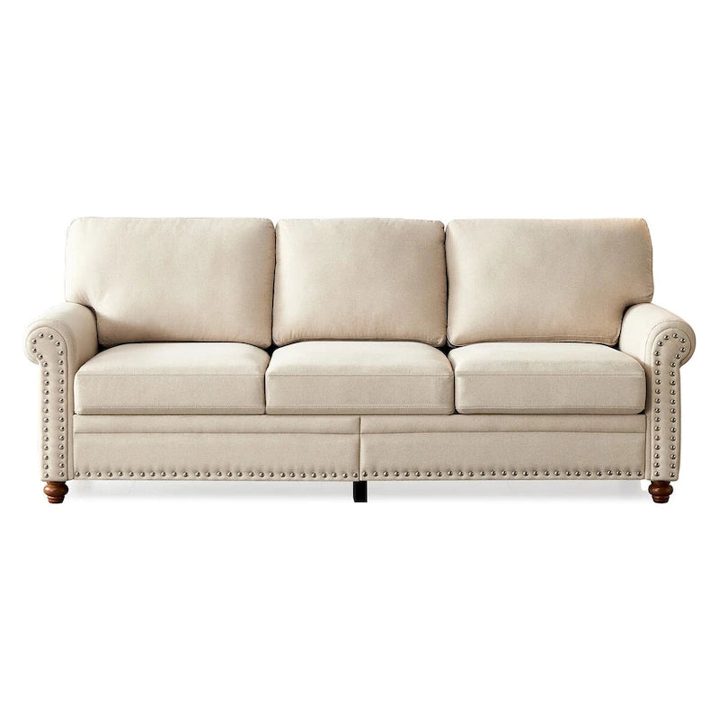 Canapé 3 places en tissu de lin avec rangement, structure en bois massif, accoudoirs arrondis et housse de coussin amovible