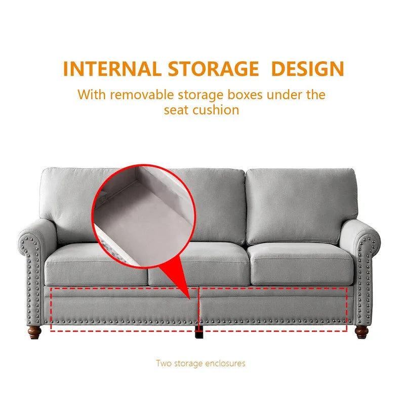 Canapé 3 places en tissu de lin avec rangement, structure en bois massif, accoudoirs arrondis et housse de coussin amovible