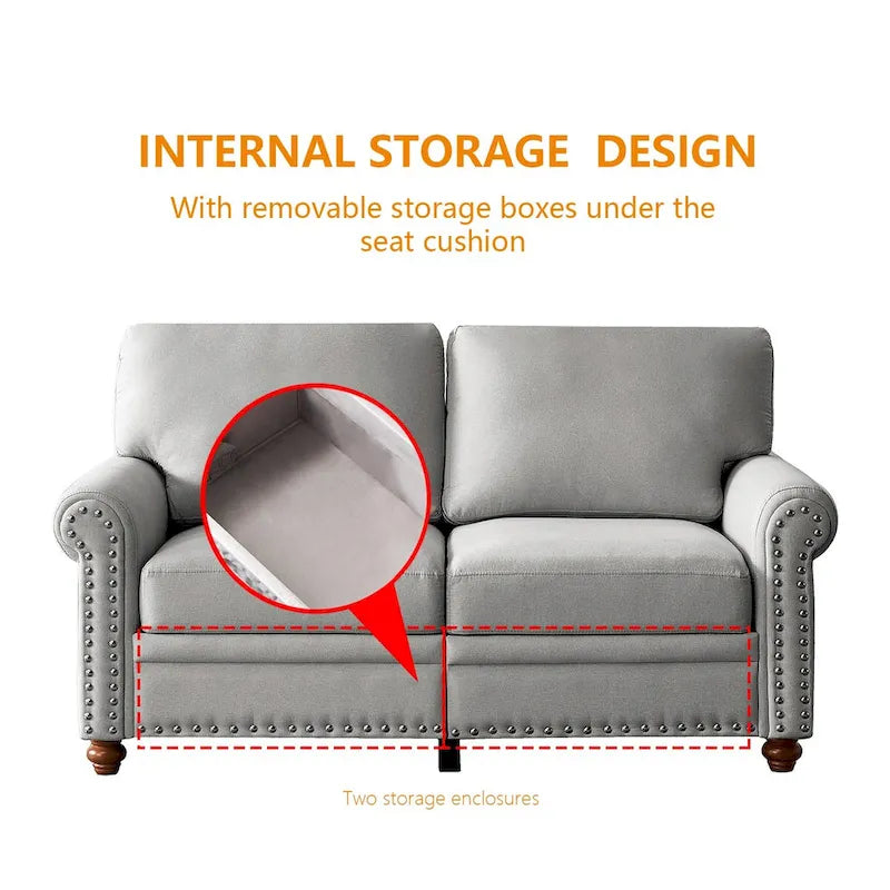Canapé 3 places en tissu de lin avec rangement, structure en bois massif, accoudoirs arrondis et housse de coussin amovible