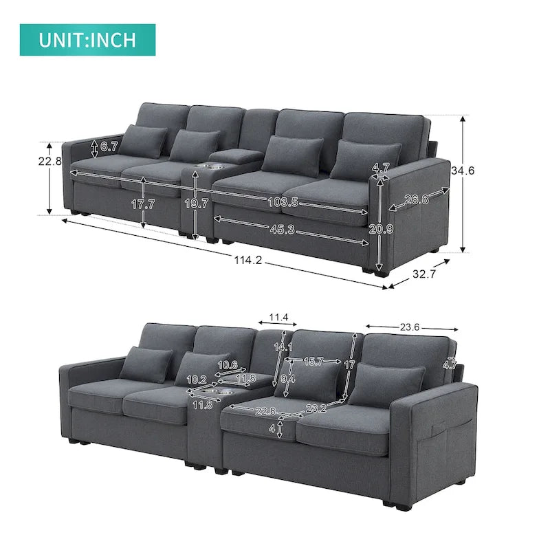 Canapé moderne en tissu de lin capitonné avec console, 4 oreillers, porte-gobelets, USB