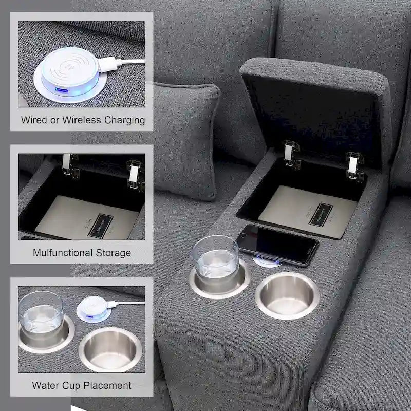 Canapé moderne en tissu de lin capitonné avec console, 4 oreillers, porte-gobelets, USB