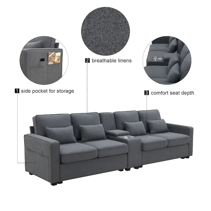 Canapé moderne en tissu de lin capitonné avec console, 4 oreillers, porte-gobelets, USB