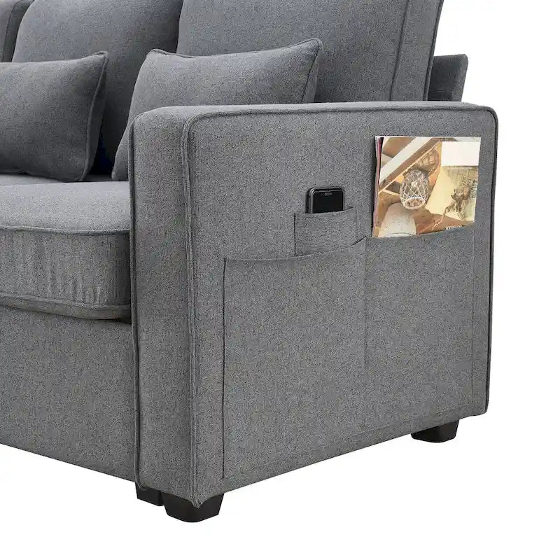 Canapé moderne en tissu de lin capitonné avec console, 4 oreillers, porte-gobelets, USB