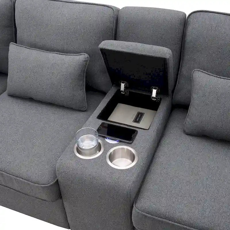 Canapé moderne en tissu de lin capitonné avec console, 4 oreillers, porte-gobelets, USB