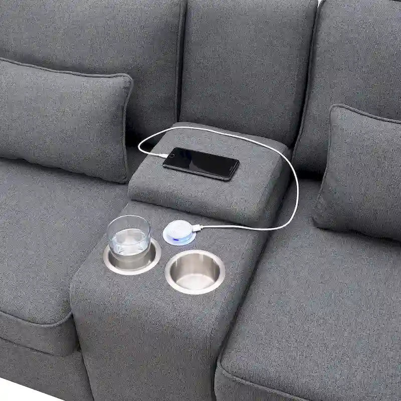 Canapé moderne en tissu de lin capitonné avec console, 4 oreillers, porte-gobelets, USB