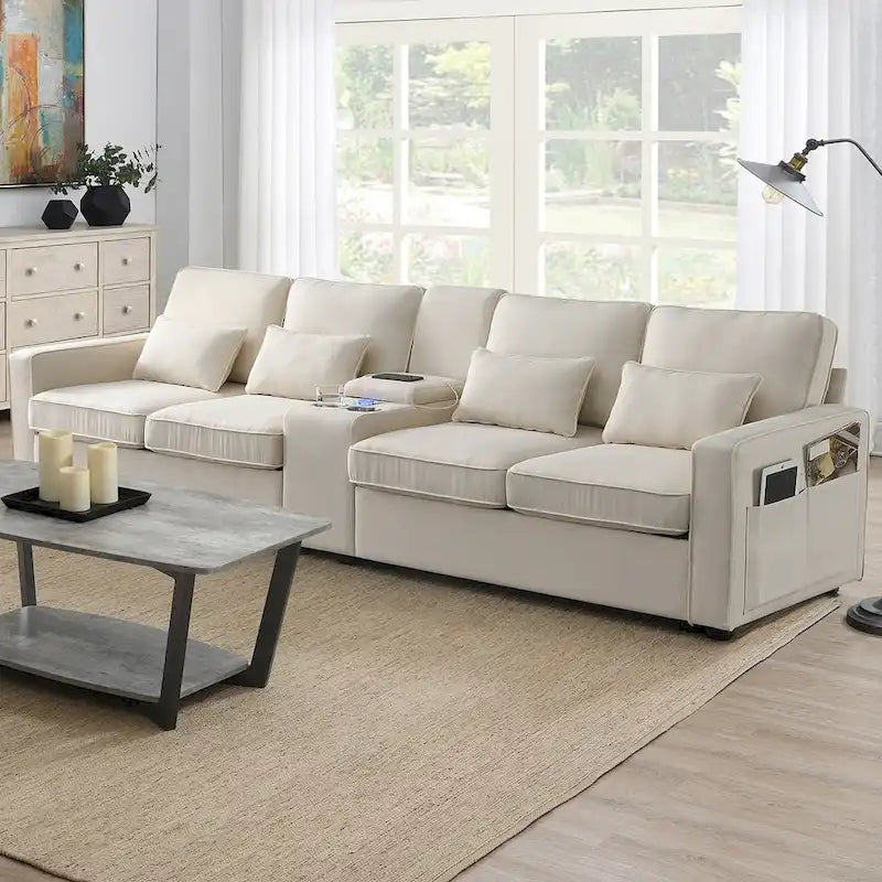 Canapé moderne en tissu de lin capitonné avec console, 4 oreillers, porte-gobelets, USB