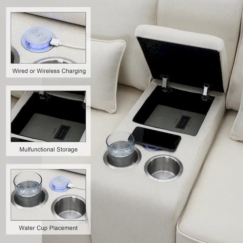 Canapé moderne en tissu de lin capitonné avec console, 4 oreillers, porte-gobelets, USB