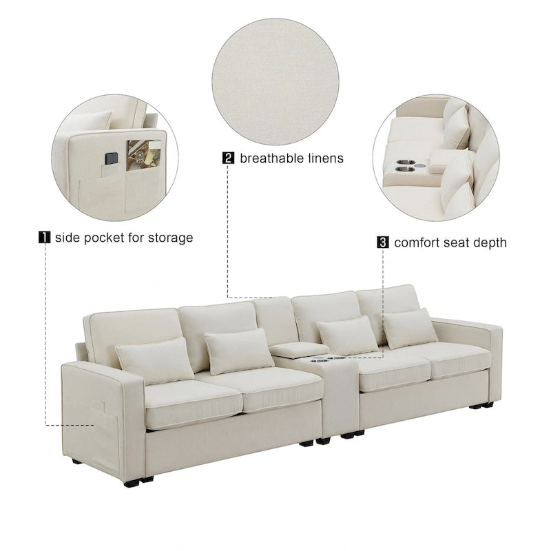 Canapé moderne en tissu de lin capitonné avec console, 4 oreillers, porte-gobelets, USB