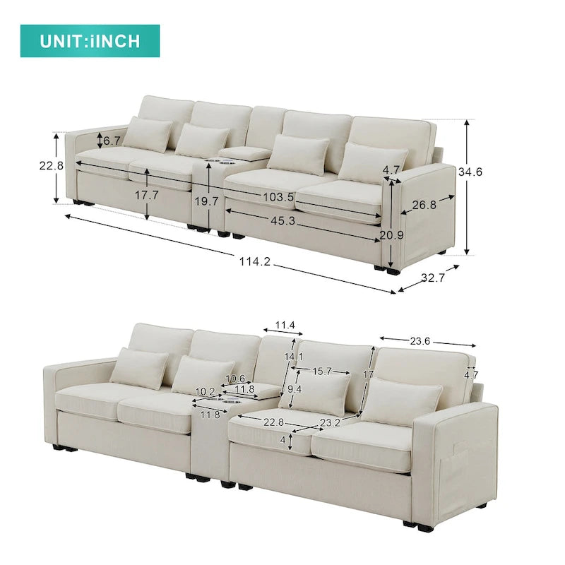 Canapé moderne en tissu de lin capitonné avec console, 4 oreillers, porte-gobelets, USB