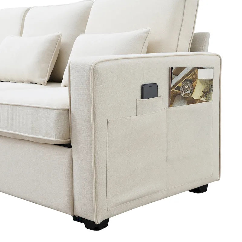 Canapé moderne en tissu de lin capitonné avec console, 4 oreillers, porte-gobelets, USB