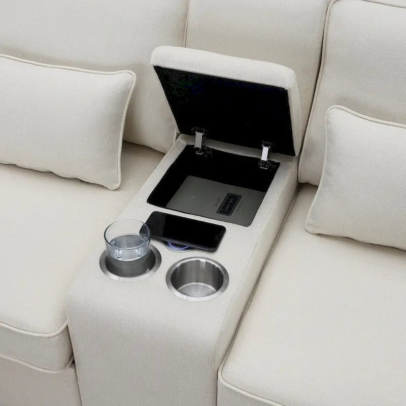 Canapé moderne en tissu de lin capitonné avec console, 4 oreillers, porte-gobelets, USB