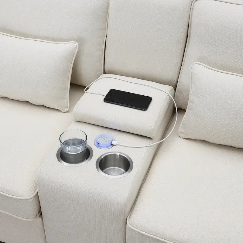 Canapé moderne en tissu de lin capitonné avec console, 4 oreillers, porte-gobelets, USB