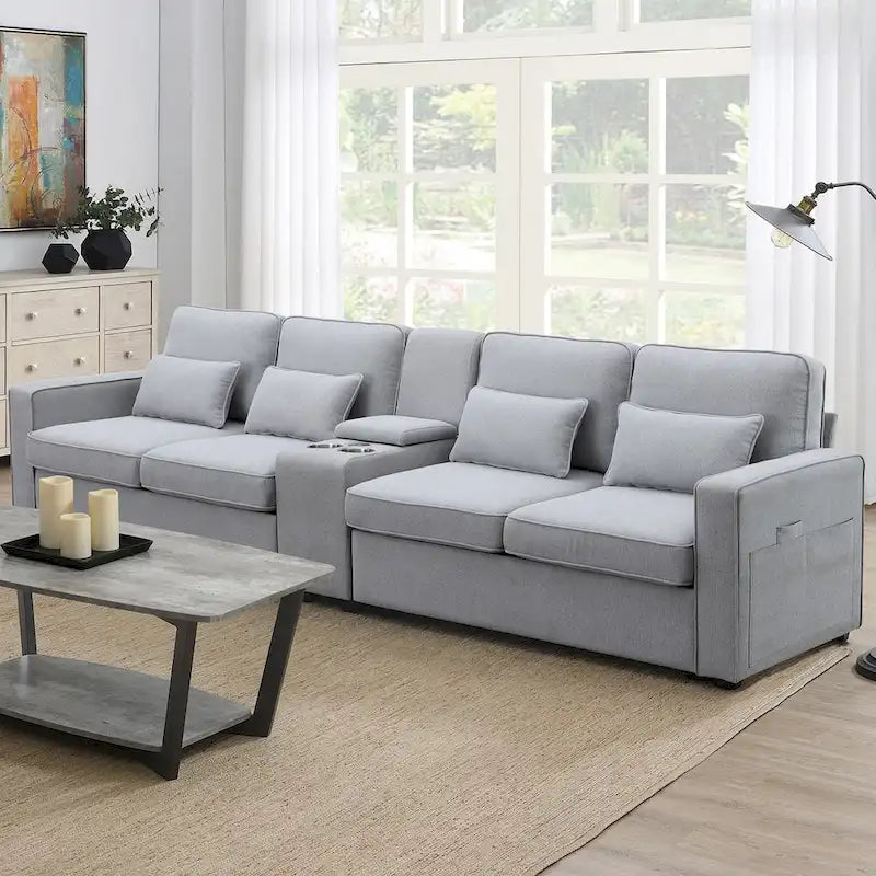 Canapé moderne en tissu de lin capitonné avec console, 4 oreillers, porte-gobelets, USB
