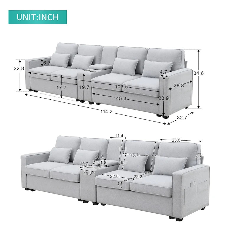 Canapé moderne en tissu de lin capitonné avec console, 4 oreillers, porte-gobelets, USB