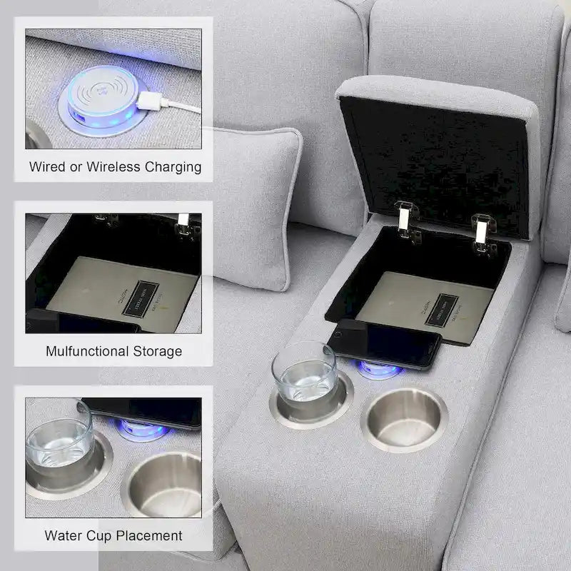 Canapé moderne en tissu de lin capitonné avec console, 4 oreillers, porte-gobelets, USB