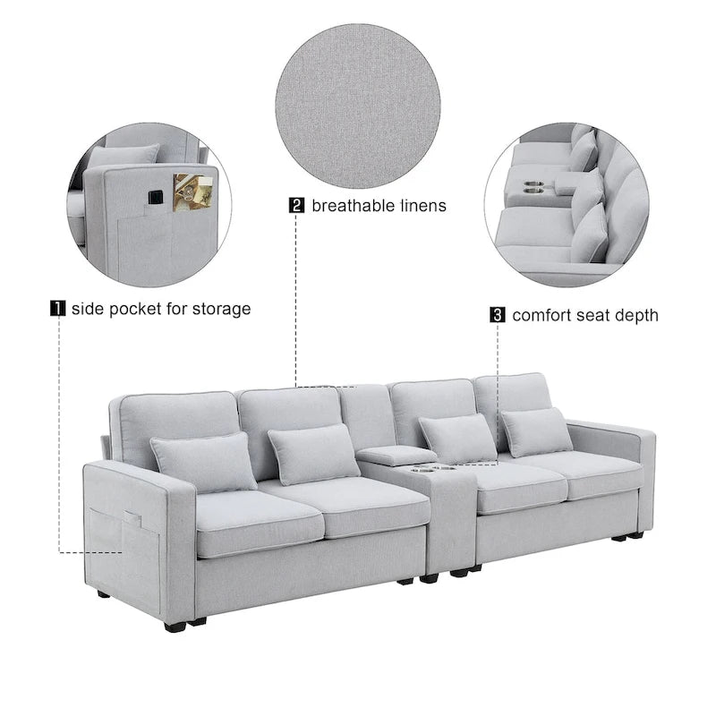 Canapé moderne en tissu de lin capitonné avec console, 4 oreillers, porte-gobelets, USB