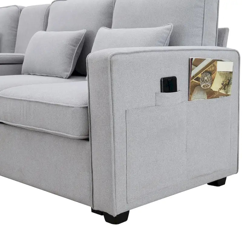 Canapé moderne en tissu de lin capitonné avec console, 4 oreillers, porte-gobelets, USB