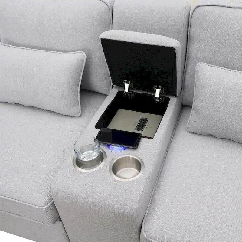 Canapé moderne en tissu de lin capitonné avec console, 4 oreillers, porte-gobelets, USB