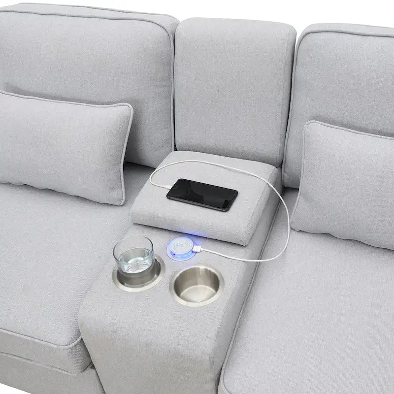 Canapé moderne en tissu de lin capitonné avec console, 4 oreillers, porte-gobelets, USB