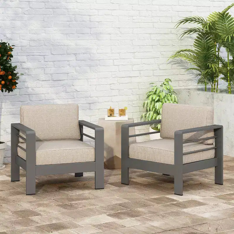 Christopher Knight Home Mysti Modern Outdoor Aluminum Club Chair with Cushions(Set of 2), Gray/Beige