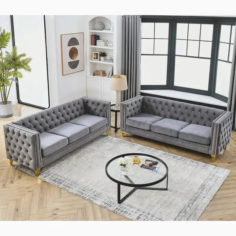 Canapé en velours pour salon, canapé à accoudoirs carrés capitonnés, canapé moderne avec boutons tapissés et pieds en métal, 2 pièces