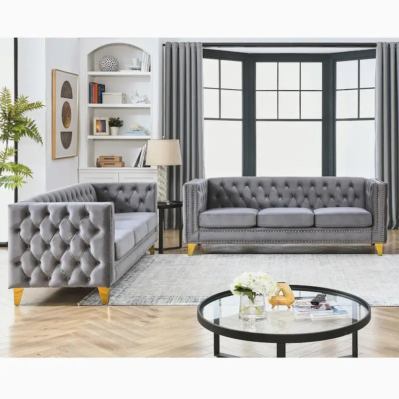 Canapé en velours pour salon, canapé à accoudoirs carrés capitonnés, canapé moderne avec boutons tapissés et pieds en métal, 2 pièces