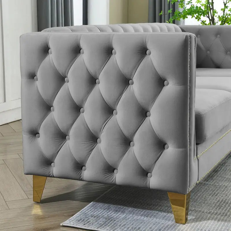 Canapé en velours pour salon, canapé à accoudoirs carrés capitonnés, canapé moderne avec boutons tapissés et pieds en métal, 2 pièces