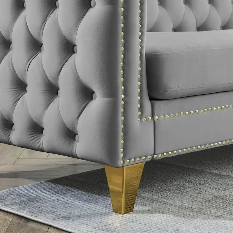 Canapé en velours pour salon, canapé à accoudoirs carrés capitonnés, canapé moderne avec boutons tapissés et pieds en métal, 2 pièces