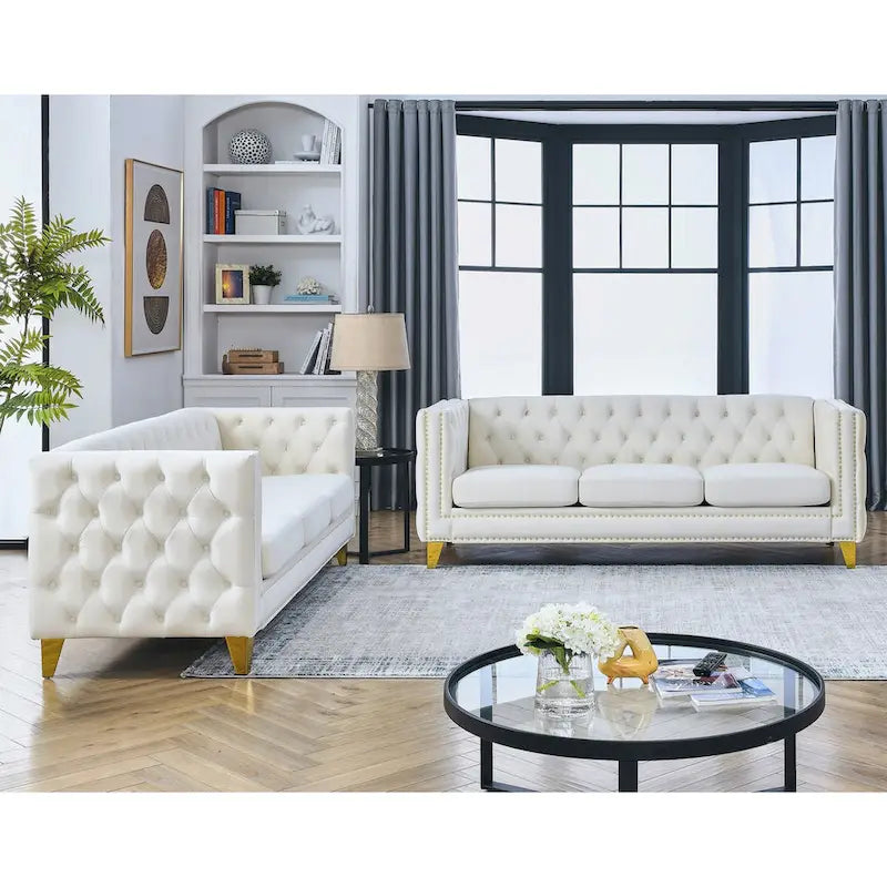 Canapé en velours pour salon, canapé à accoudoirs carrés capitonnés, canapé moderne avec boutons tapissés et pieds en métal, 2 pièces