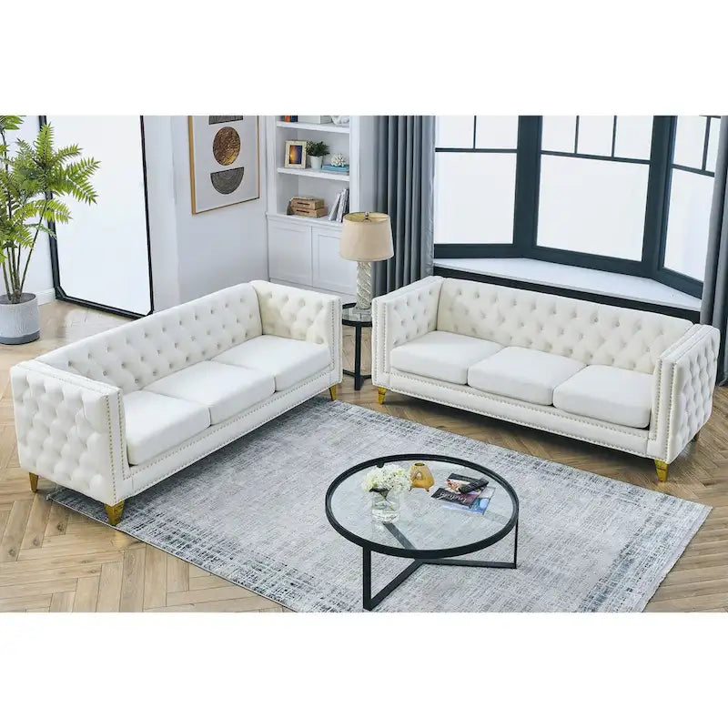 Canapé en velours pour salon, canapé à accoudoirs carrés capitonnés, canapé moderne avec boutons tapissés et pieds en métal, 2 pièces