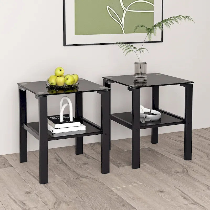 Lot de 2, table à thé en verre à deux niveaux, petite table ronde, table d'appoint de chambre à coucher, table d'appoint de salon, Noir