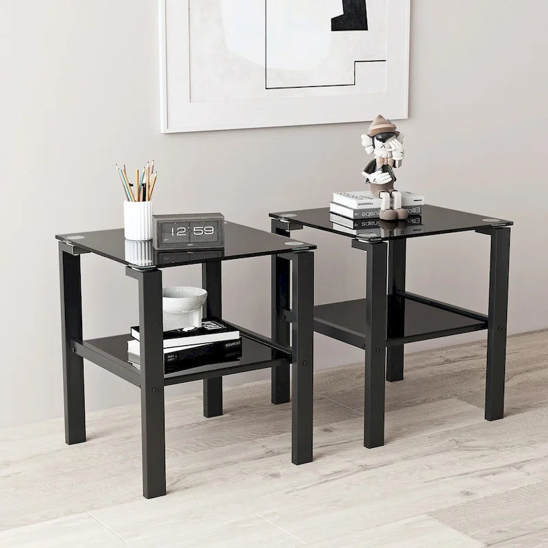 Lot de 2, table à thé en verre à deux niveaux, petite table ronde, table d'appoint de chambre à coucher, table d'appoint de salon, Noir