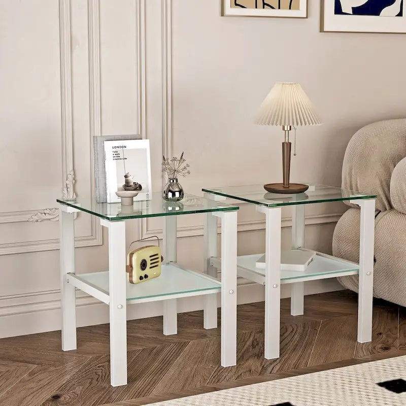 Lot de 2, table à thé en verre à deux niveaux, petite table ronde, table d'appoint de chambre à coucher, table d'appoint de salon, Noir
