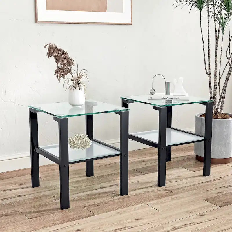 Lot de 2, table à thé en verre à deux niveaux, petite table ronde, table d'appoint de chambre à coucher, table d'appoint de salon, Noir