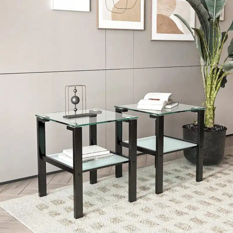 Lot de 2, table à thé en verre à deux niveaux, petite table ronde, table d'appoint de chambre à coucher, table d'appoint de salon, Noir