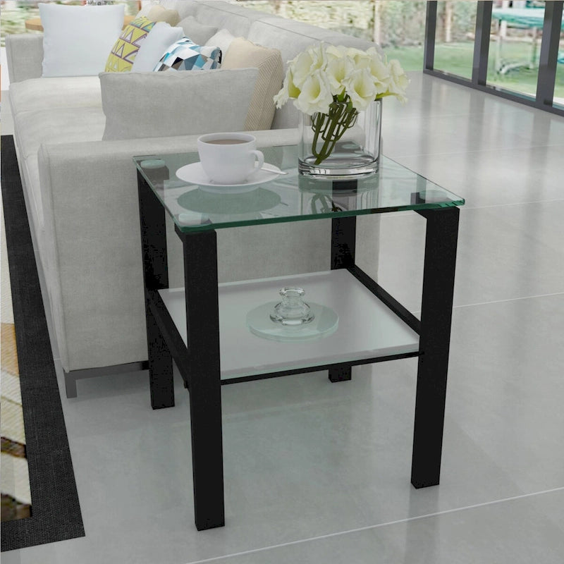 Lot de 2, table à thé en verre à deux niveaux, petite table ronde, table d'appoint de chambre à coucher, table d'appoint de salon, Noir